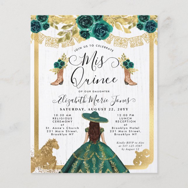Budget Floral Emerald Green Charra Quinceanera (Front)