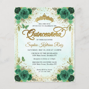 Budget Floral Emerald Green Glam Gold Quinceañera