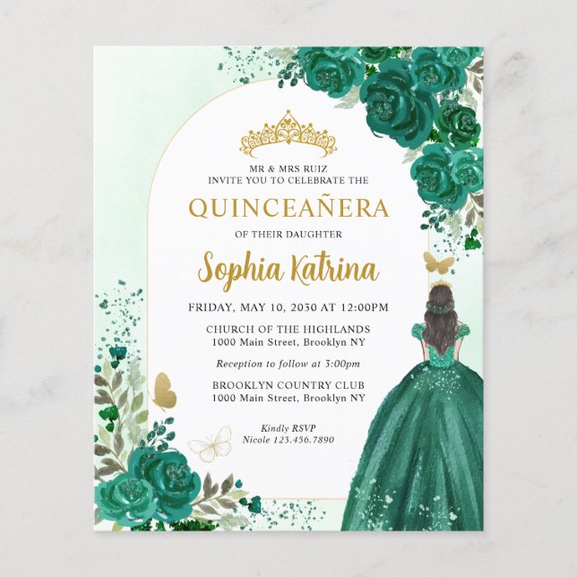 Budget Floral Emerald Green Princess Quinceanera (Front)
