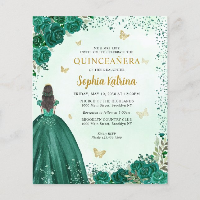 Budget Floral Emerald Green Princess Quinceanera (Front)
