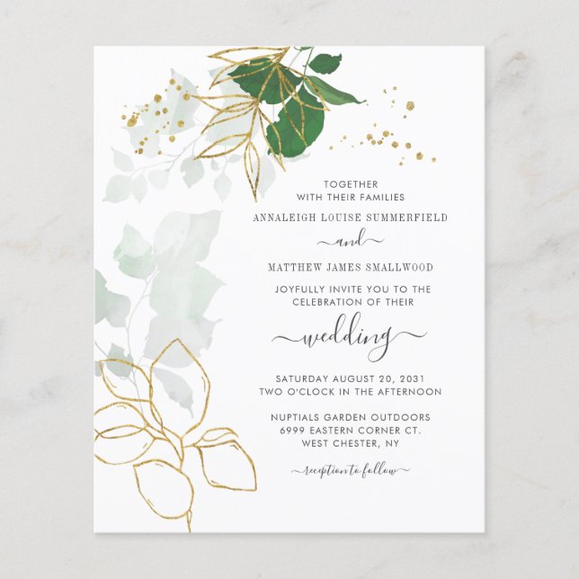 Budget Floral Faux Gold Glitter Wedding Invitation (Front)