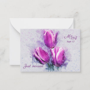 Budget. Floral, fuchsia tulips Just Married Card