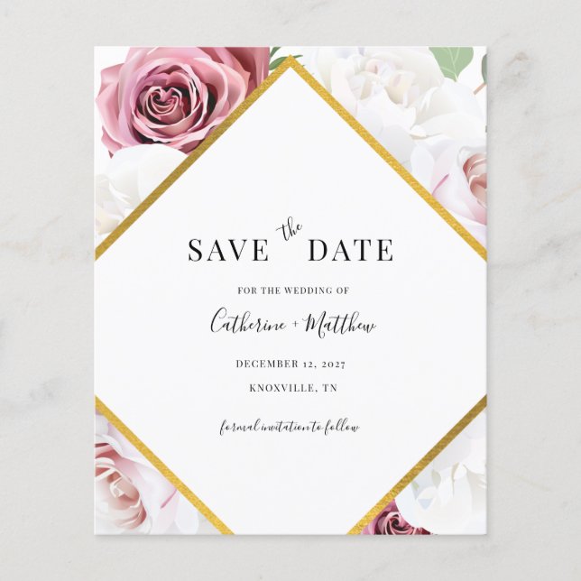Budget Floral Geometric Rose Gold Save The Date Flyer (Front)