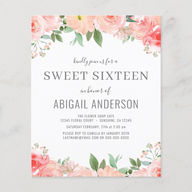 Budget Floral Girly Sweet 16 Birthday Invitation Flyer (Front)