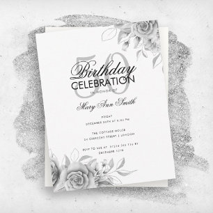 Budget Floral Glam Birthday Party Silver Invitation