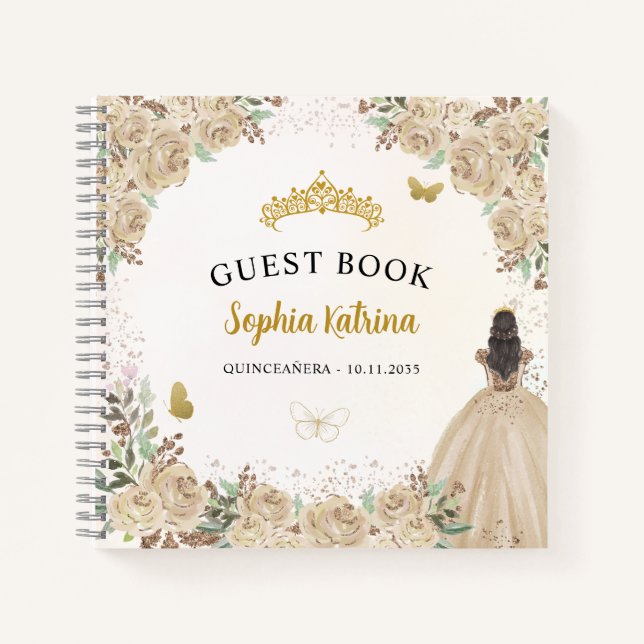 Budget Floral Gold Princess Quinceanera Livre d'or (Devant)