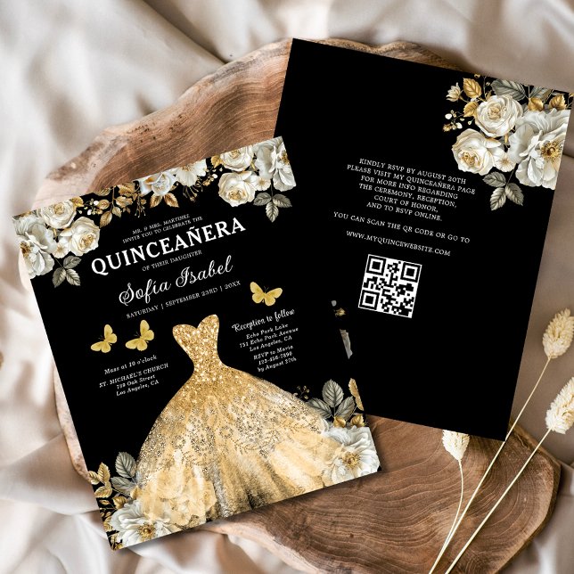 Budget Floral Gold QR Code Princess Quinceanera Flyer (Creator Uploaded)