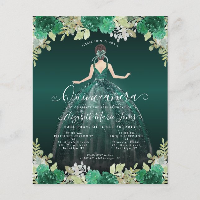 Budget Floral Green BILINGUAL Spanish Quinceanera (Front)