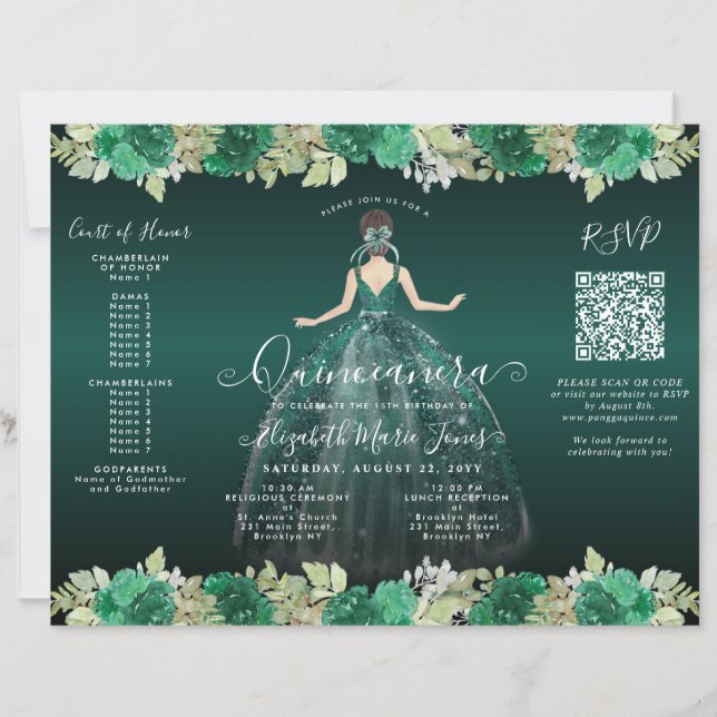 Budget Floral Green Dress Photo Quinceanera Invite (Front)