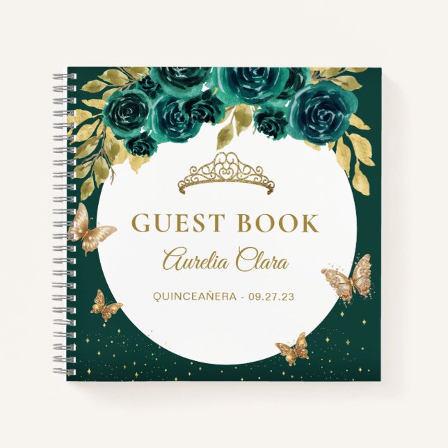 BUDGET Floral Green Gold Butterfly Guest Book (Front)