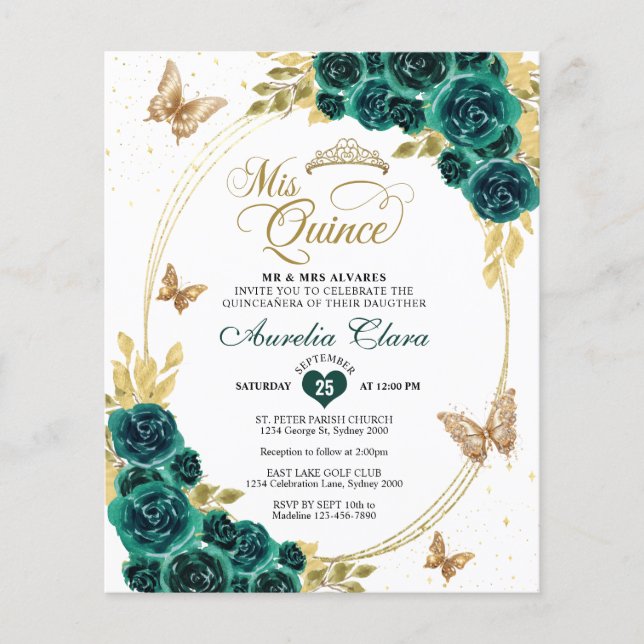 BUDGET Floral Green Gold Butterfly Quinceanera (Front)