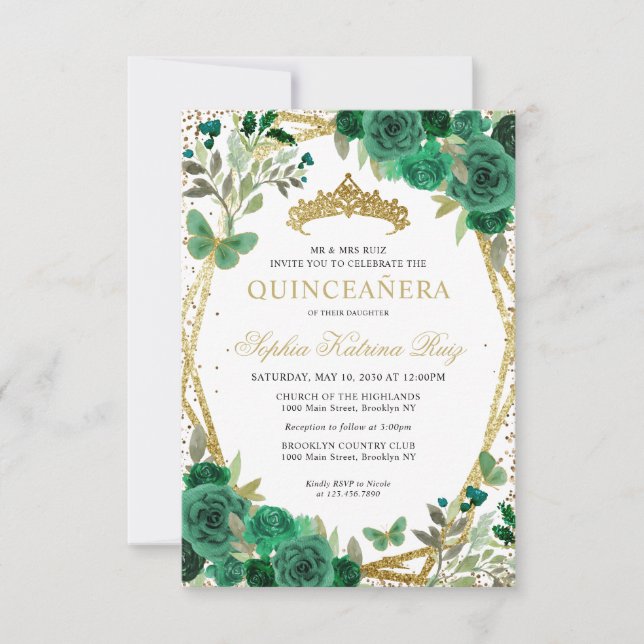 Budget Floral Green Gold Tiara Quinceañera Invite (Front)