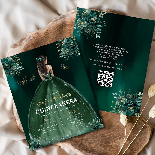 Budget Floral Green Gown Dress QR Code Quinceanera Flyer (Creator Uploaded)