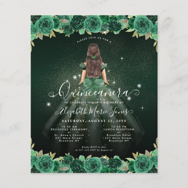 Budget Floral Green Princess Birthday Quinceanera (Front)