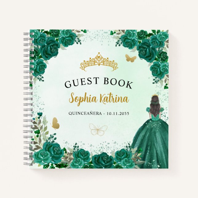 Budget Floral Green Princess Quinceanera Guestbook Notebook (Front)