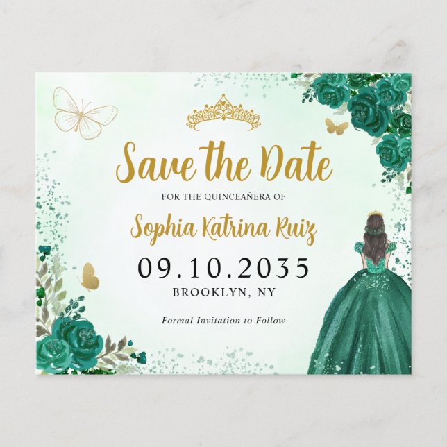 Budget Floral Green Quinceanera Save the Date (Front)