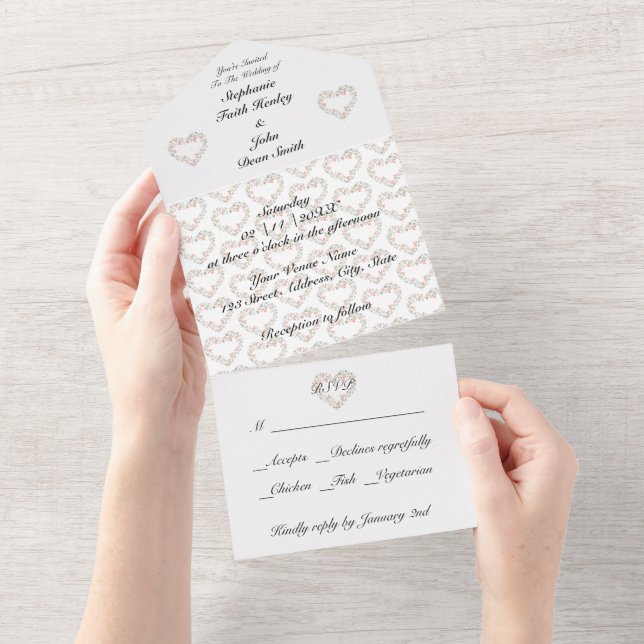 Budget Floral Hearts All in One Wedding Invite (Tearaway)