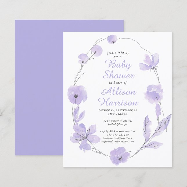 Budget Floral Lavender Baby Shower Invitation (Front/Back)