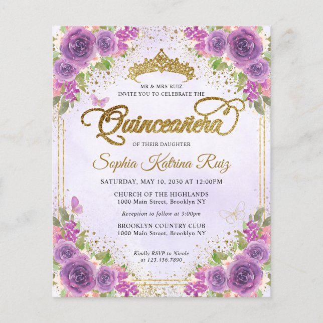 Budget Floral Light Purple Gold Tiara Quinceañera (Front)