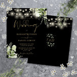Budget Floral Lights Black Gold Wedding Invitation<br><div class="desc">This elegant black and gold wedding invitation,  featuring pretty string lights and floral greenery,  can be personalized with your information in chic modern typography with your monogram initials on the reverse. Designed by Thisisnotme©</div>