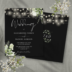 Budget Floral Lights Black Wedding Invitation