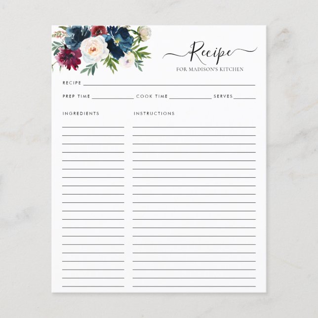 Budget Floral Navy Blue Burgundy Kitchen Recipe Flyer (Front)