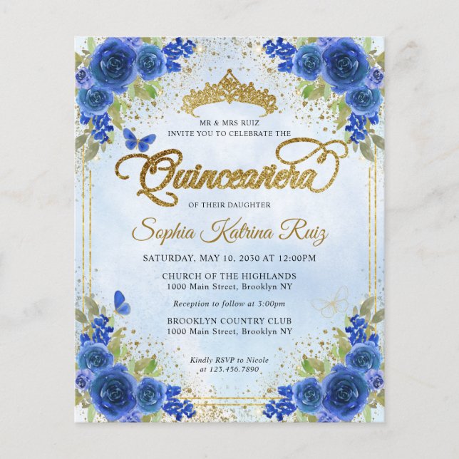 Budget Floral Navy Blue Gold Tiara Quinceañera (Front)