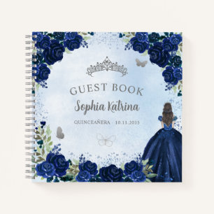 Budget Floral Navy Blue Grey Quinceanera Guestbook Notebook