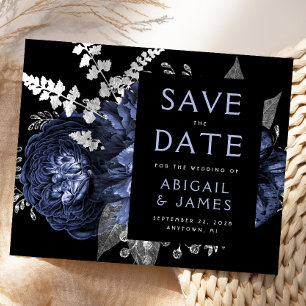 Budget Floral Navy Blue Silver Save the Date