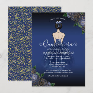 Budget Floral Navy Princess Gold Quinceañera Card