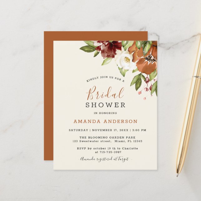 Budget Floral Orange Bridal Shower Invitation  (Front/Back In Situ)