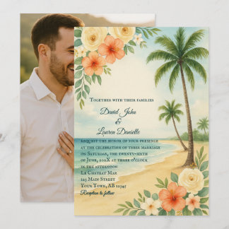 Budget Floral Palm Tree Photo Wedding Invitation 