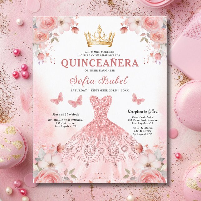 Budget Floral Pink Bilingual Spanish Quinceanera Flyer (Creator Uploaded)