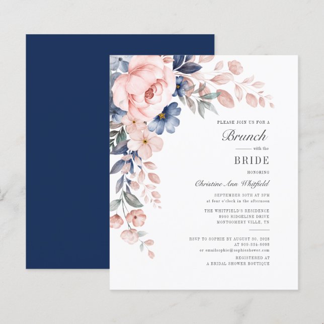 Budget Floral Pink Blue Watercolor Bridal Brunch (Front/Back)