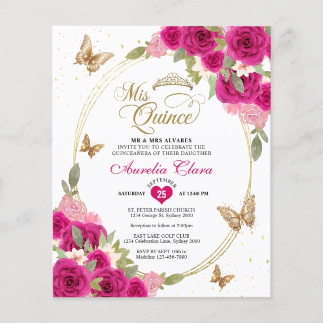 BUDGET Floral Pink Gold Butterfly Mis Quinceañera (Front)