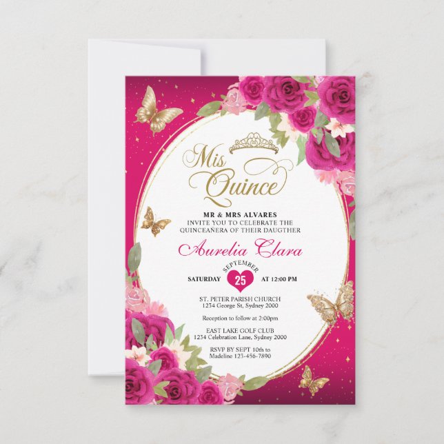 BUDGET Floral Pink Gold Butterfly Mis Quinceañera Card (Front)