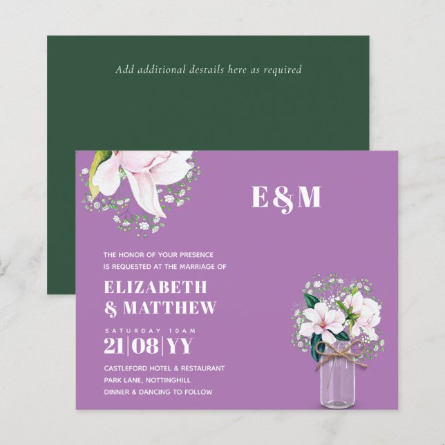 BUDGET Floral Pink Magnolias Green Wedding Invite (Front/Back)