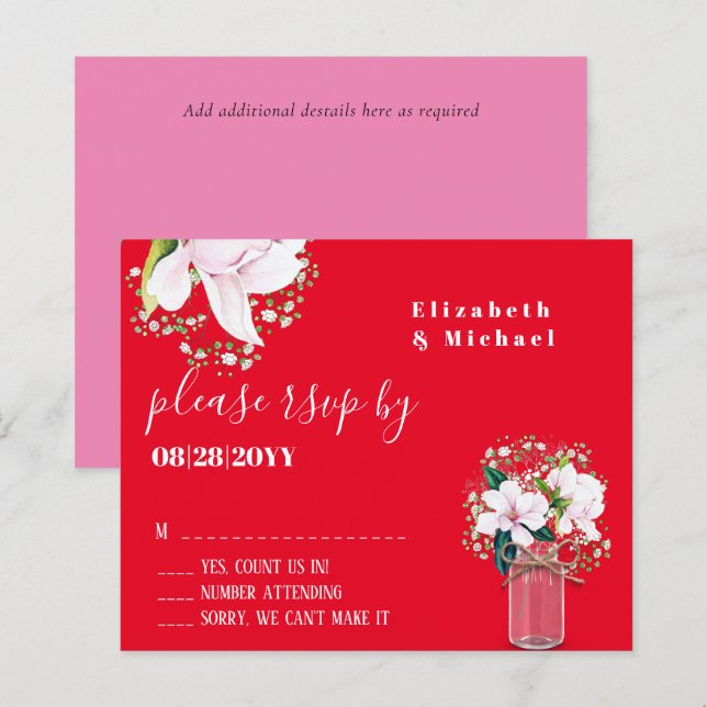 BUDGET Floral Pink Magnolias Red Wedding RSVP (Front/Back)