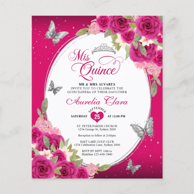 BUDGET Floral Pink Silver Butterfly Quinceañera (Front)