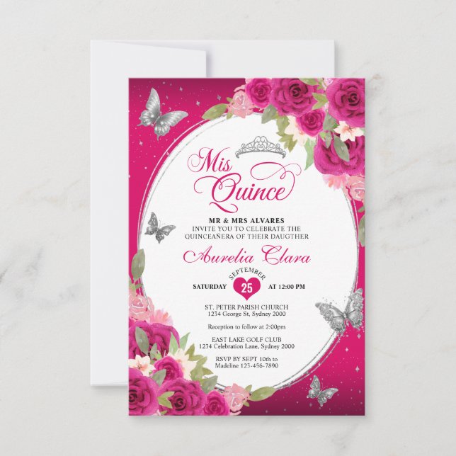 BUDGET Floral Pink Silver Butterfly Quinceañera Card (Front)