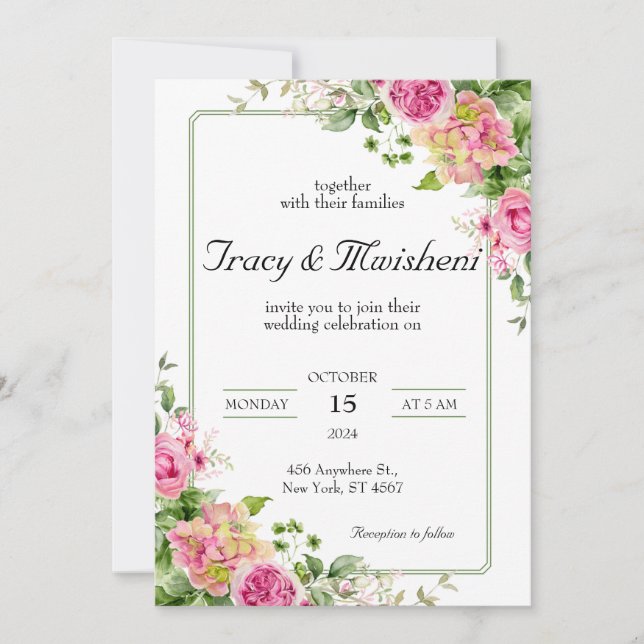 Budget floral pink wedding invitation (Front)