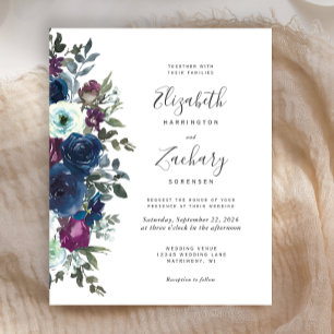Budget Floral Plum Navy Blue Wedding Invitation