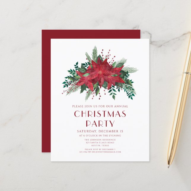 Budget Floral Poinsettia Christmas Party Invite (Front/Back In Situ)