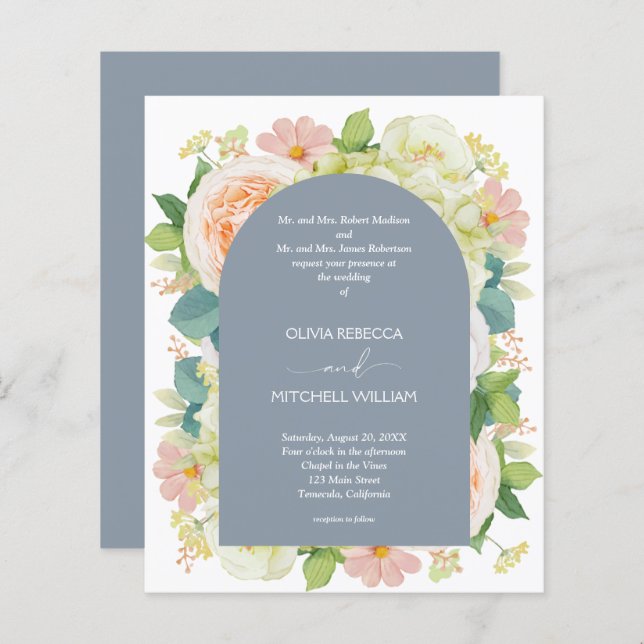 Budget Floral QR Code Dusty Blue Wedding Invites (Front/Back)