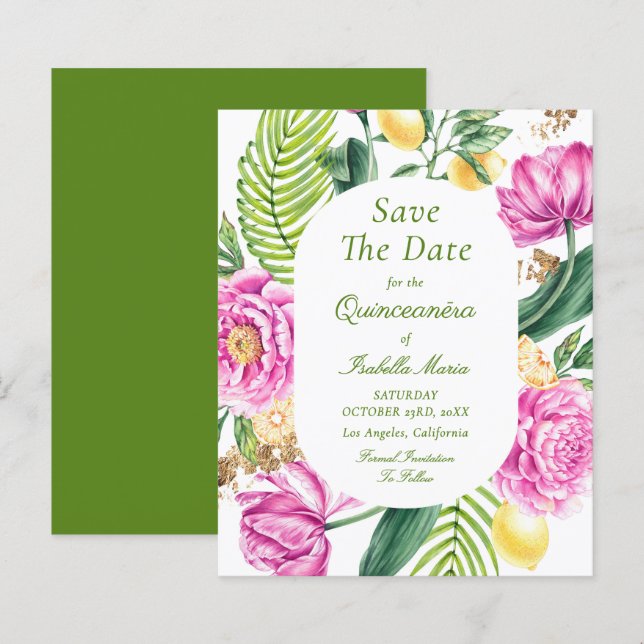 Budget Floral Quinceañera Save The Dates (Front/Back)