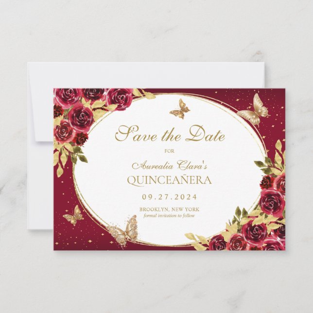 BUDGET Floral Red Gold Butterfly Quinceanera Card (Front)