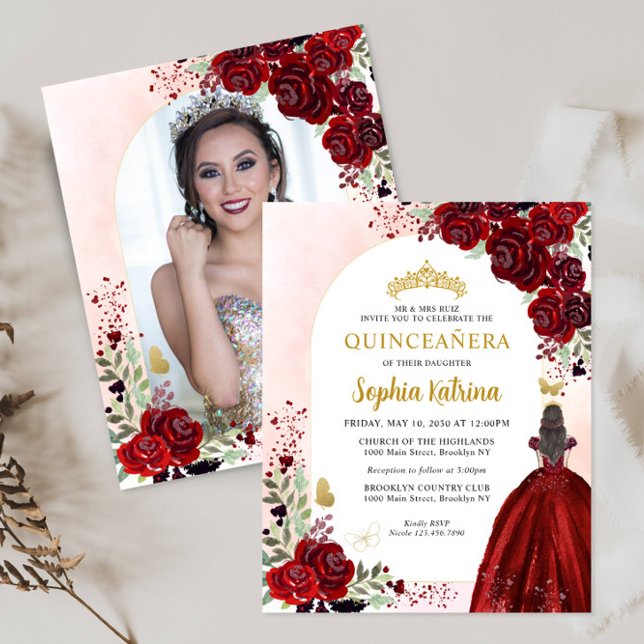 Budget Floral Red Gold Princess Photo Quinceañera (Creator Uploaded)