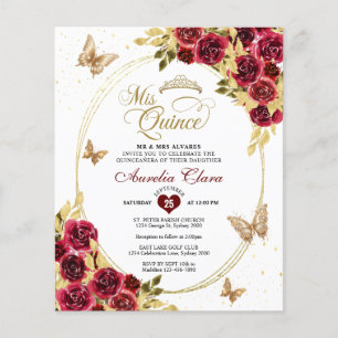 BUDGET Floral Red Gold Tiara Butterfly Quinceañera
