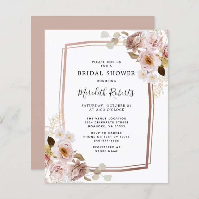 Budget Floral Rose Gold Frame Bridal Shower Invite (Front/Back)