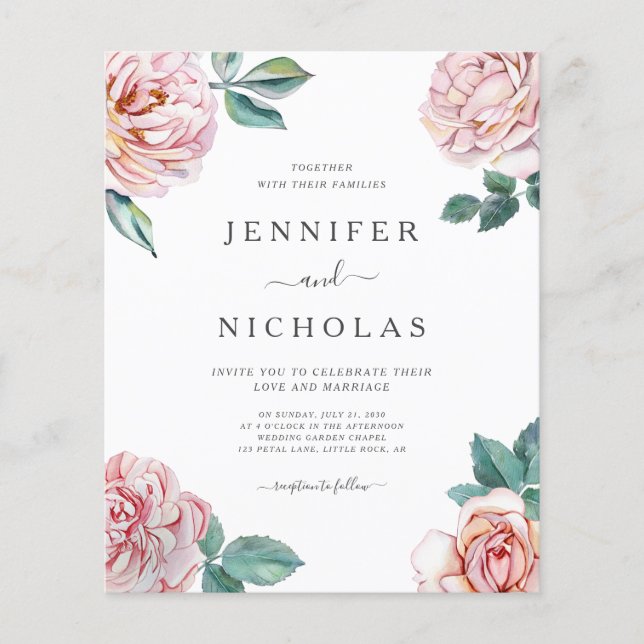 Budget Floral Rose Pink Peonies Wedding Invitation (Front)